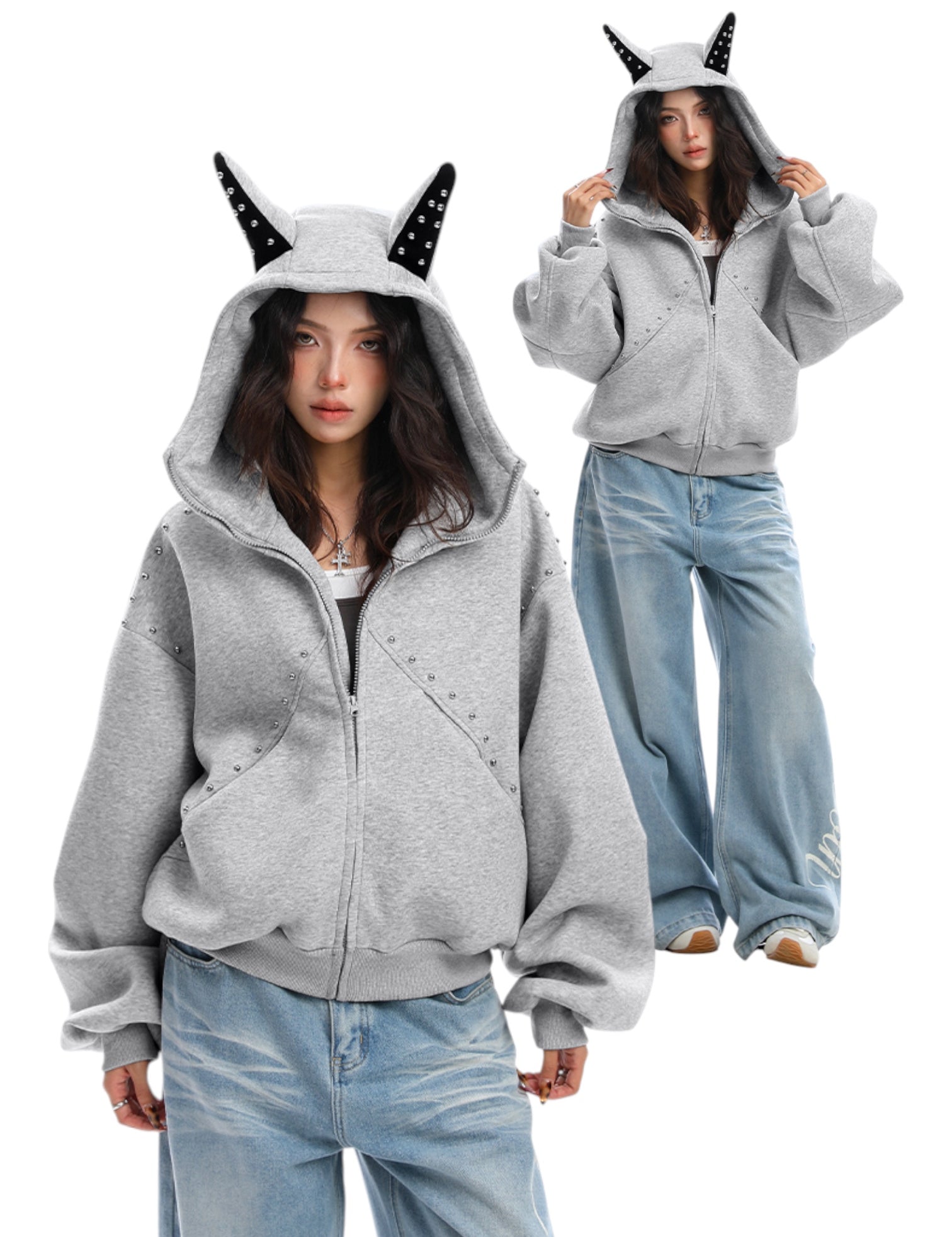 [25AW NEW ARRIVAL] GKIKZ STUDDED DEVIL HORN HOODIE - PREMIUM COTTON ZIP-UP