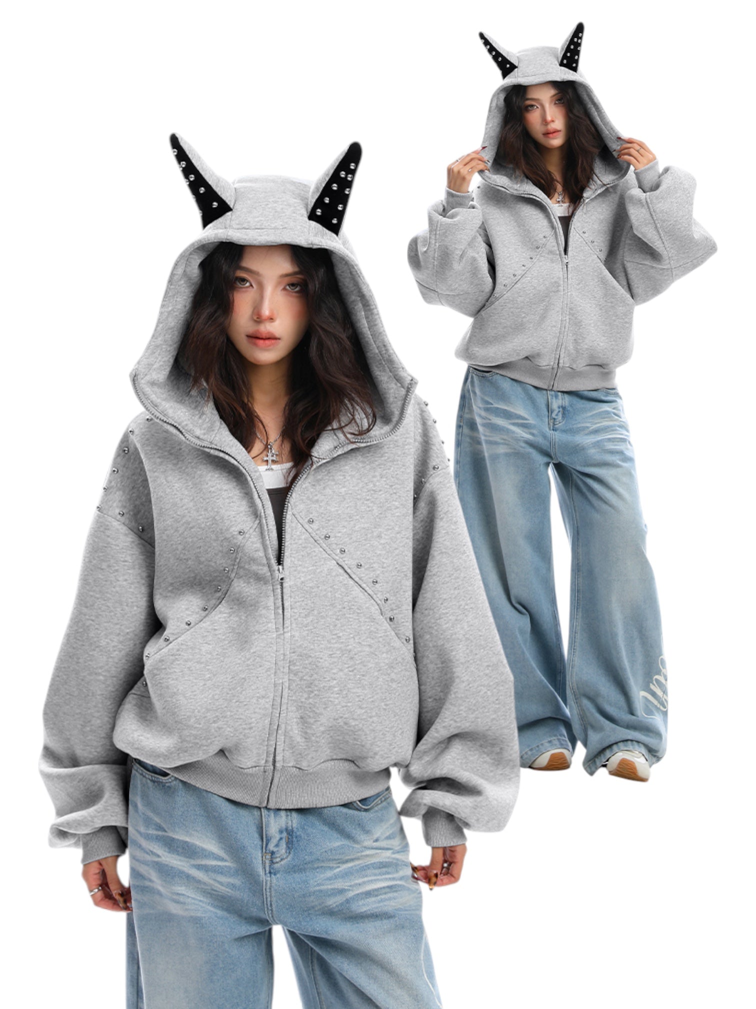 [25AW NEW ARRIVAL] GKIKZ STUDDED DEVIL HORN HOODIE - PREMIUM COTTON ZIP-UP