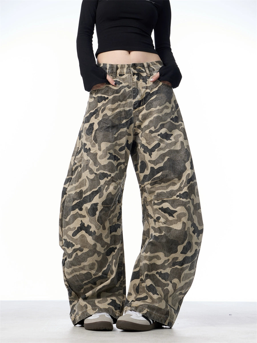 GKIKZ WASHED CAMOUFLAGE WIDE-LEG PANTS