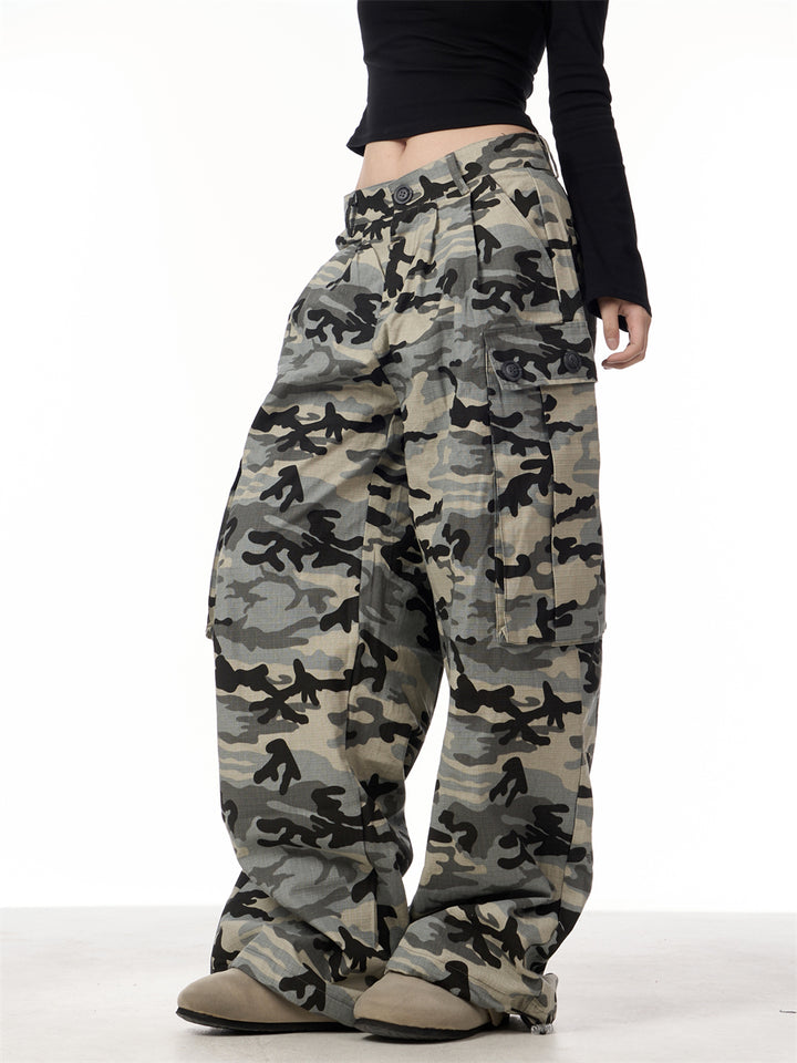 GKIKZ CAMOUFLAGE BIG POCKET LOOSE WIDE-LEG PANTS