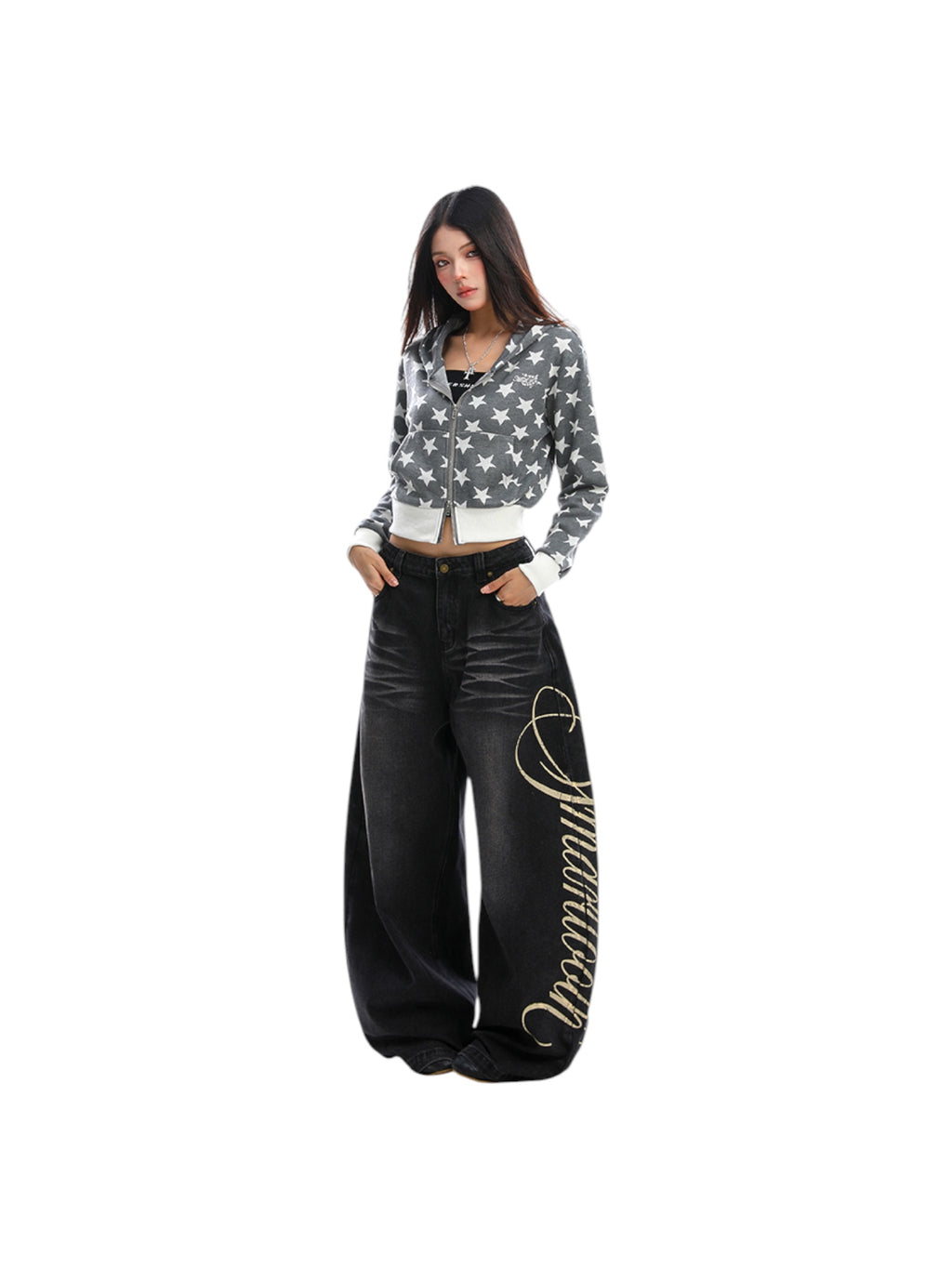 Star Print Cropped Hoodie Zip-Up