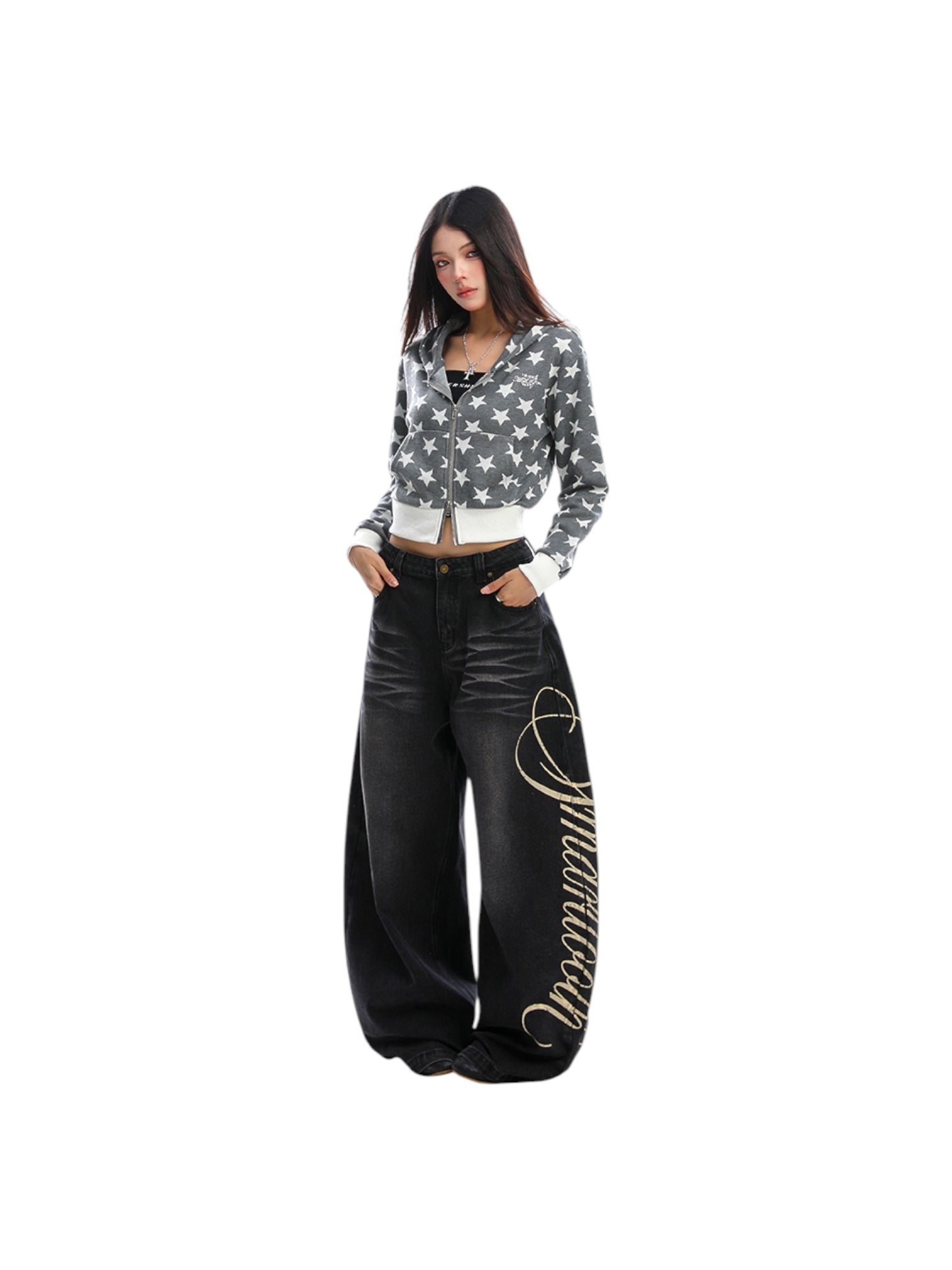 Star Print Cropped Hoodie Zip-Up