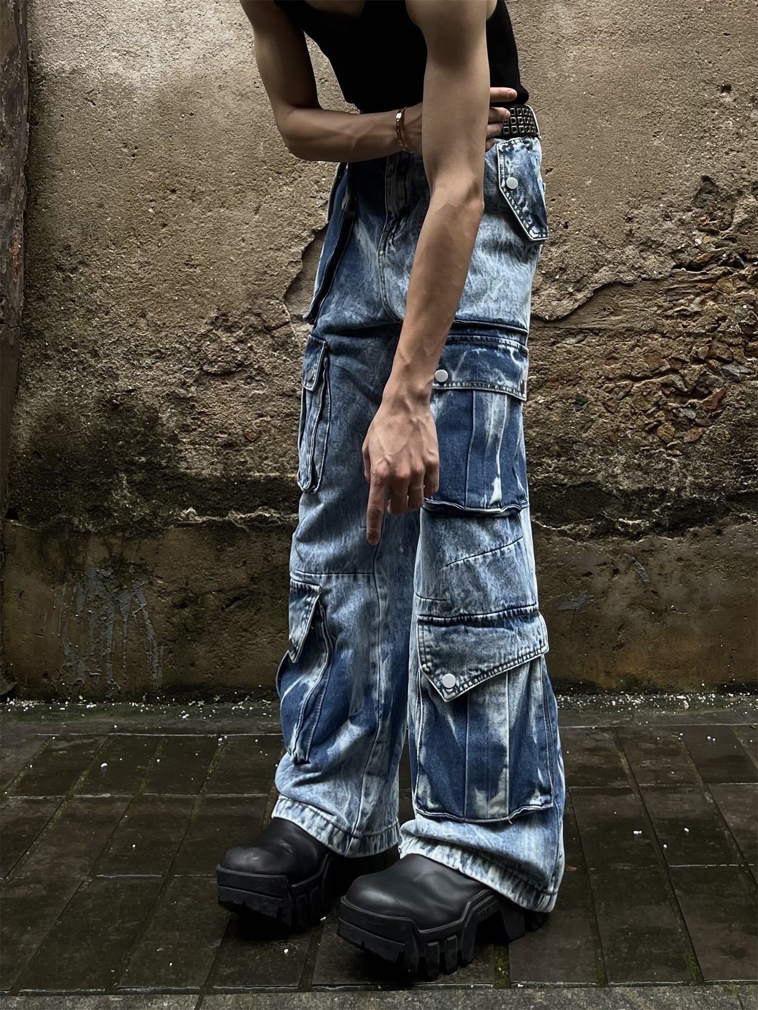 Multi-Pocket Tie-Dye Denim Baggy Jeans