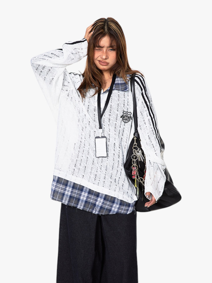 GKIKZ VINTAGE STRIPE STITCHING CONTRAST SLIGHTLY TRANSPARENT MULTI-LAYERED TEES