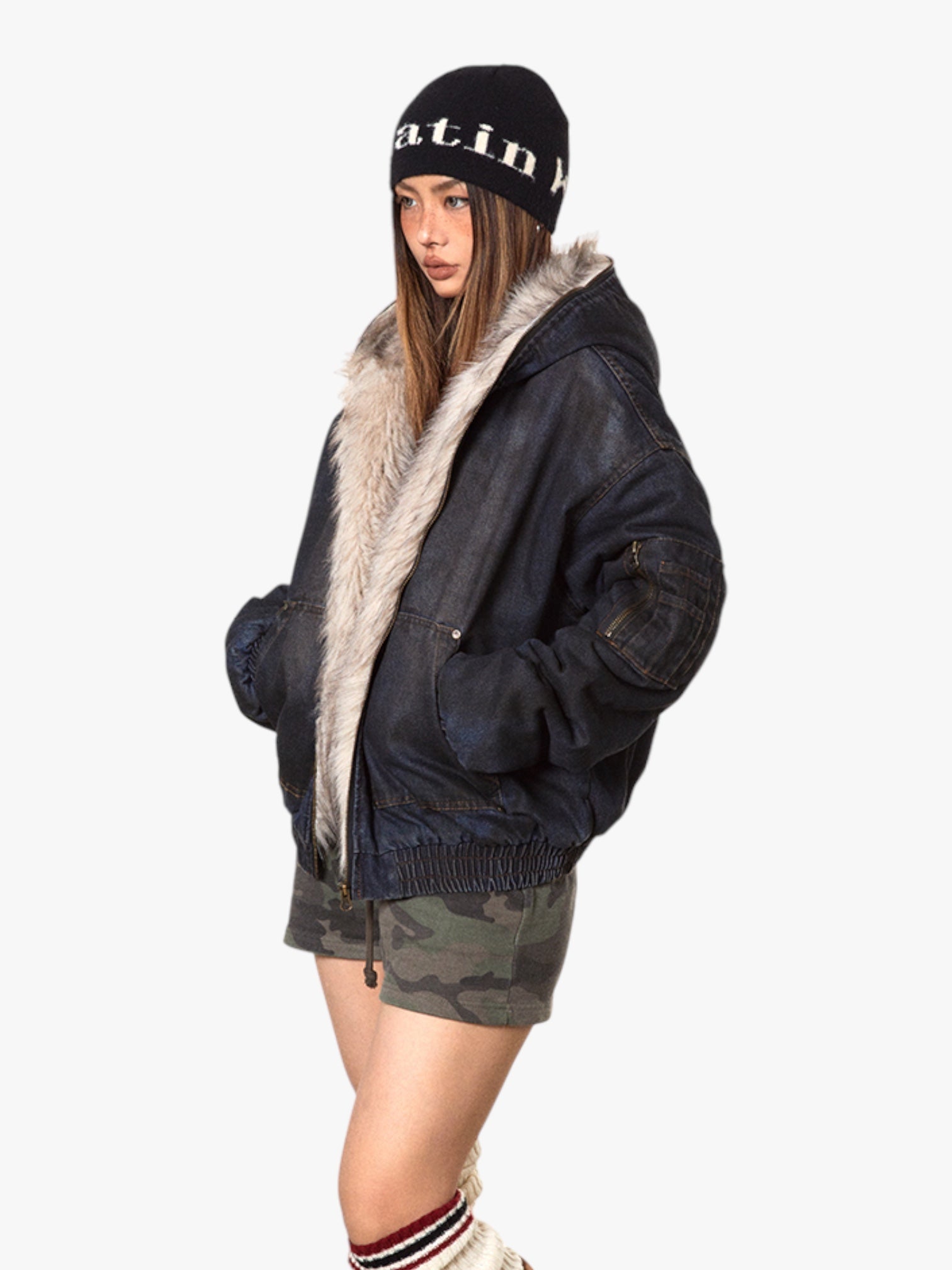 GKIKZ DIRTY DENIM HOODED FUR COLLAR JACKET