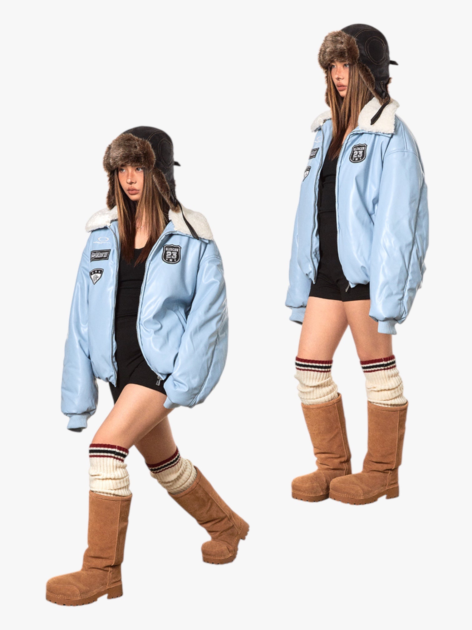 GKIKZ RETRO BASEBALL FUR COLLAR LEATHER JACKET