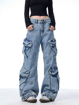Multi-Pocket Heavy Denim Wide-Leg Pants