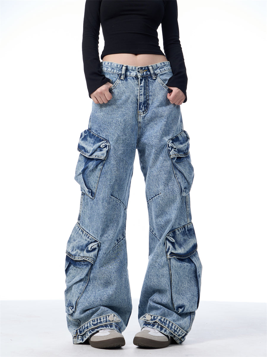 Multi-Pocket Heavy Denim Wide-Leg Pants
