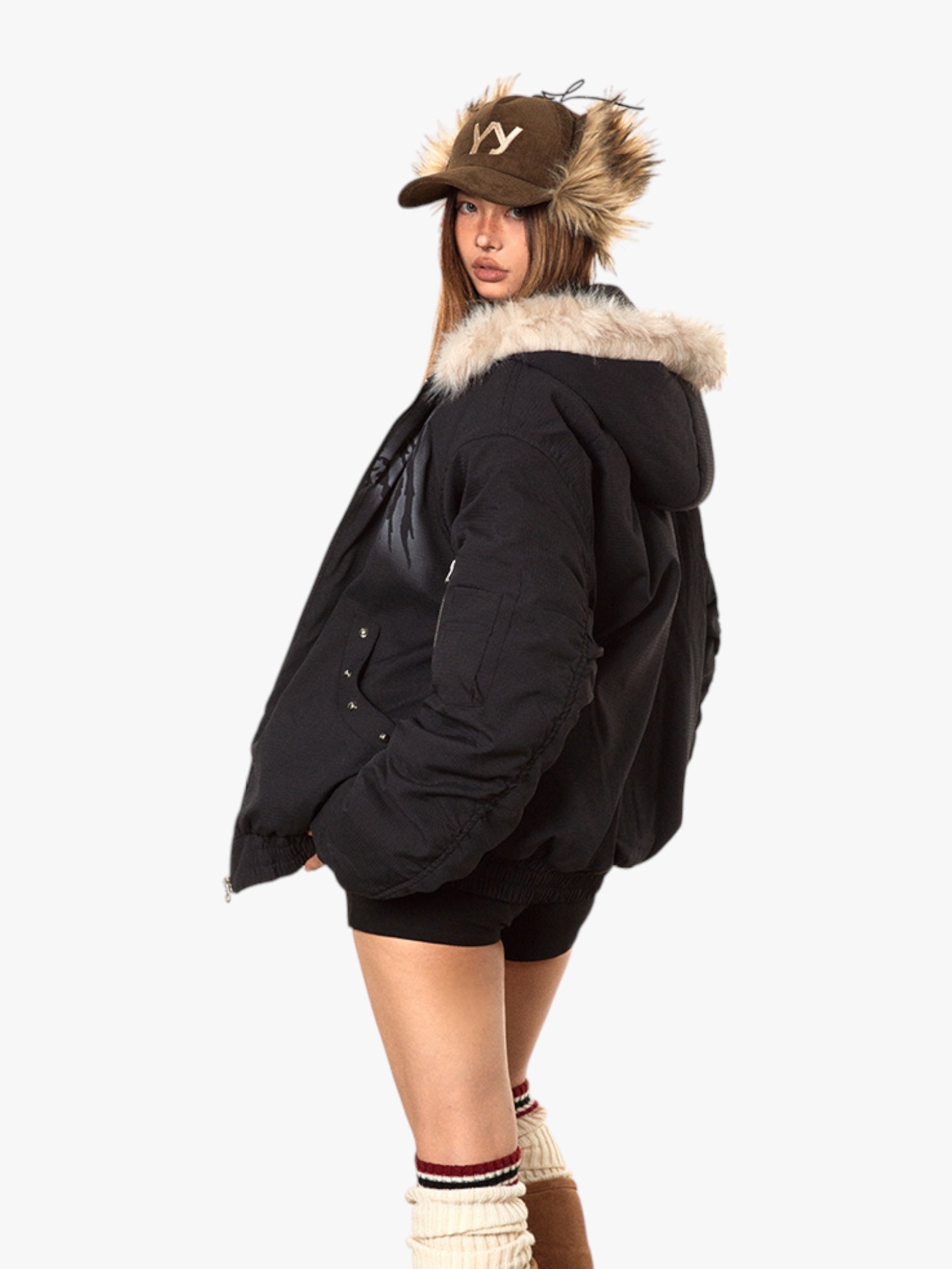 Mountain Carving Cotton-Padded Thickened Faux Fur Jacket