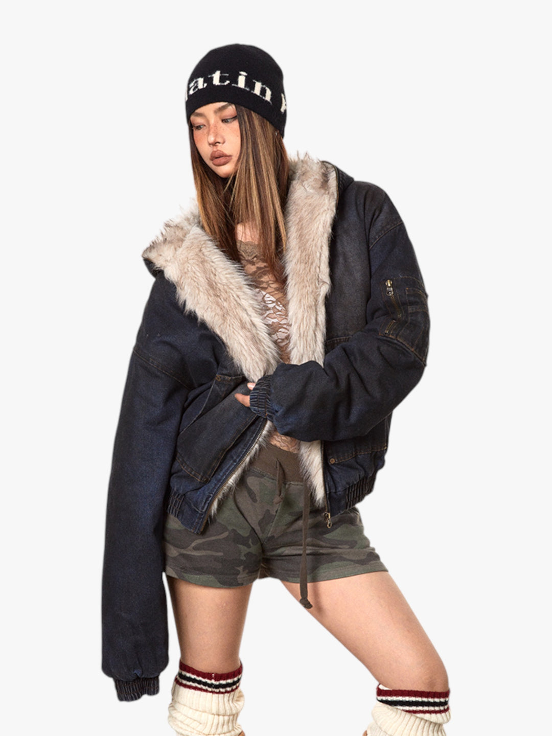 GKIKZ DIRTY DENIM HOODED FUR COLLAR JACKET