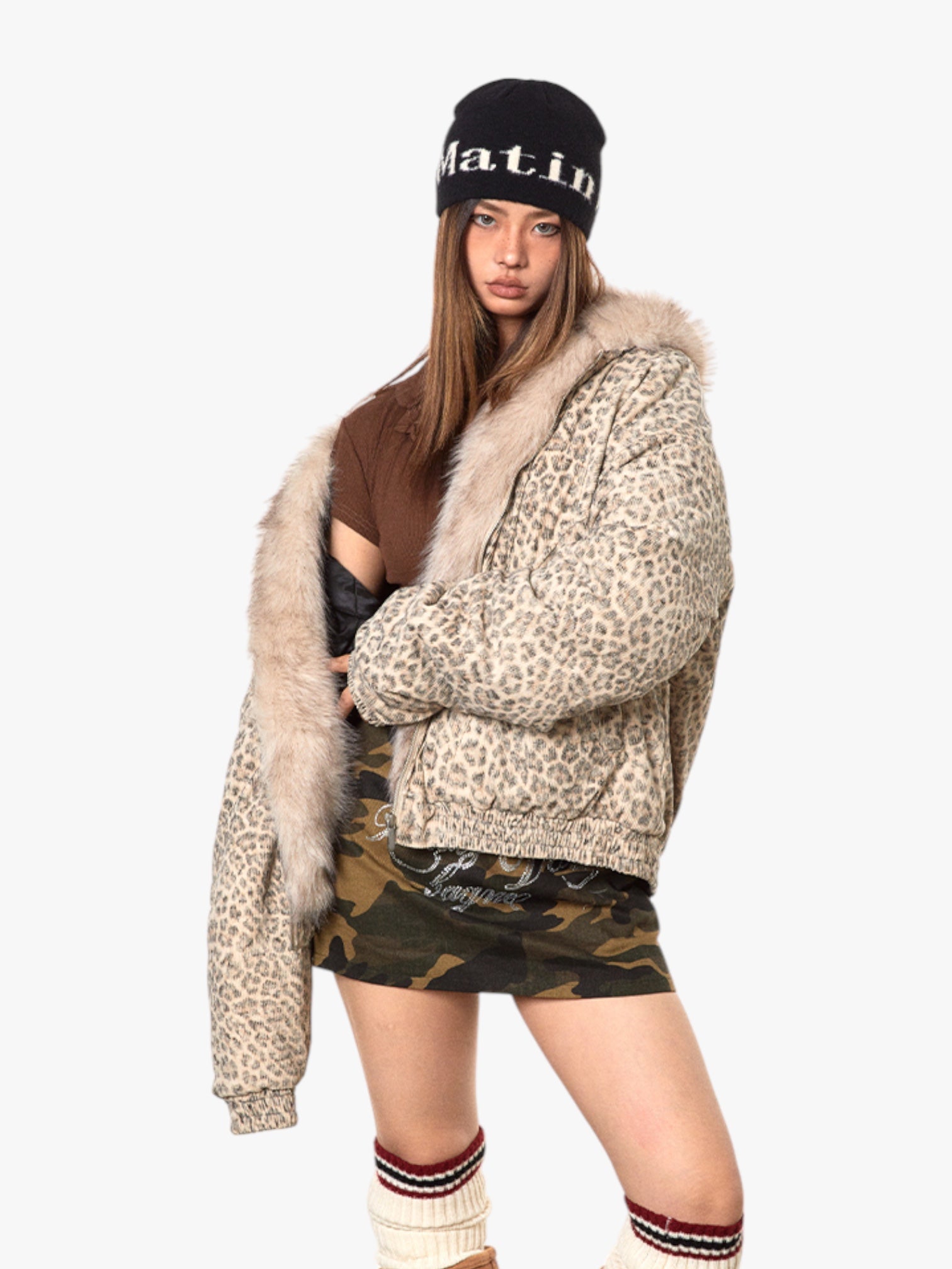 GKIKZ LUXURIOUS LEOPARD PRINT FAUX FUR HOODED JACKET