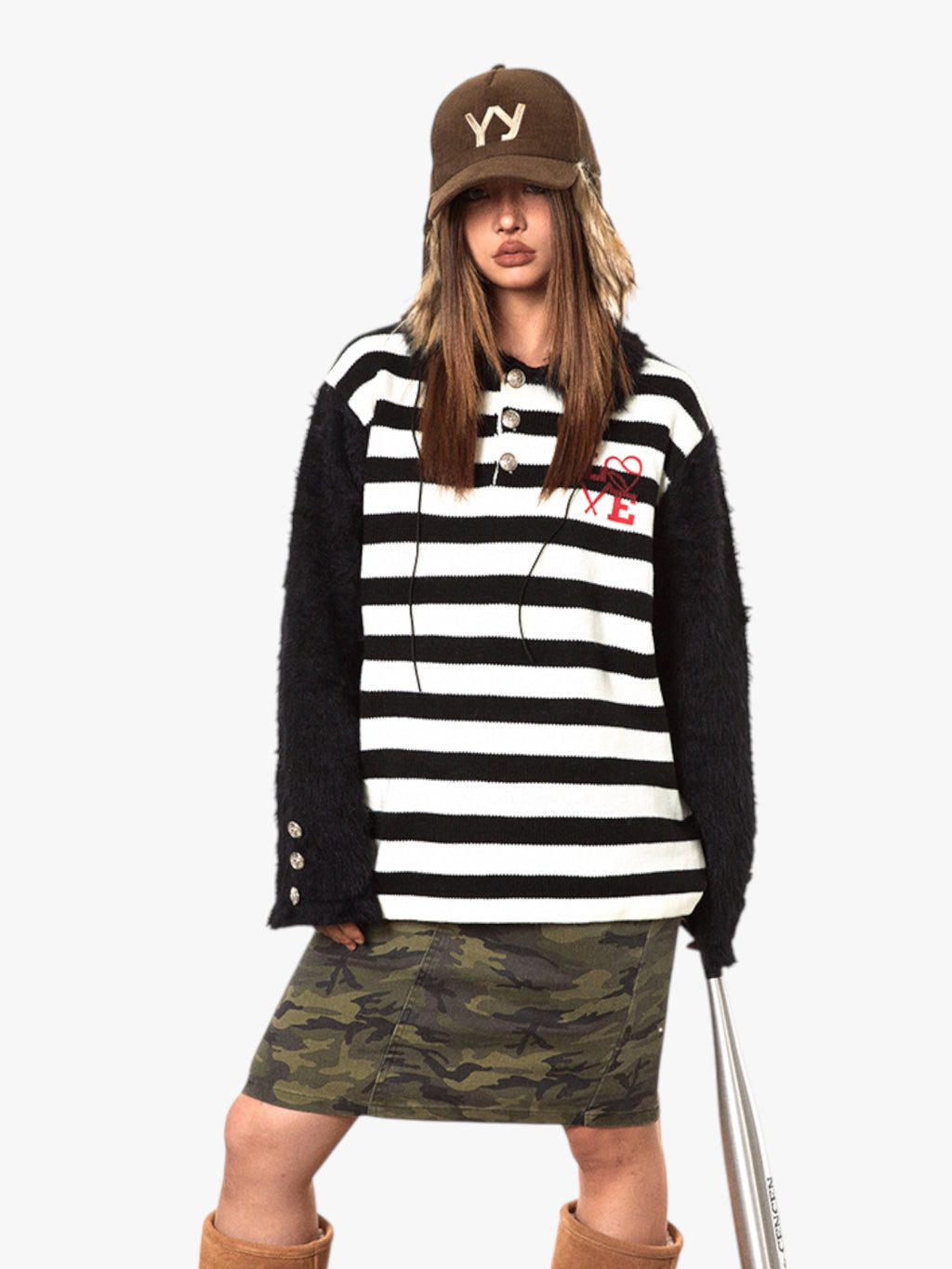 Retro Contrast Raglan Striped Polo Collar Sweater