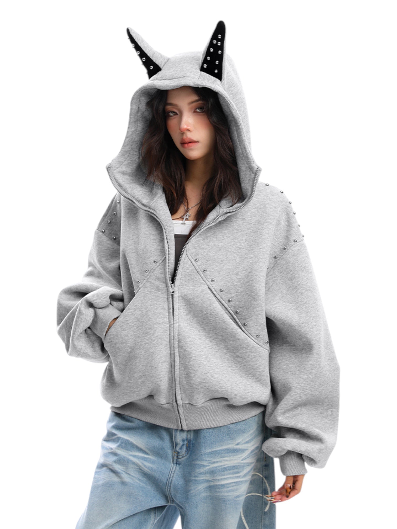 Studded Devil Horn Hoodie - Premium Cotton Zip-Up