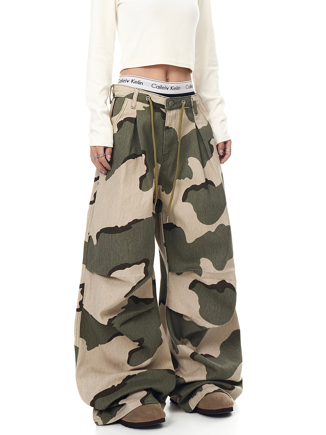 GKIKZ URBAN DRAWSTRING PLEATED CAMO WAVE WIDE-LEG PANTS