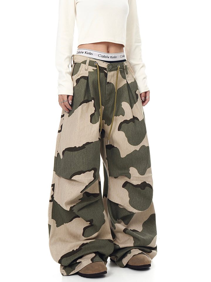 GKIKZ URBAN DRAWSTRING PLEATED CAMO WAVE WIDE-LEG PANTS