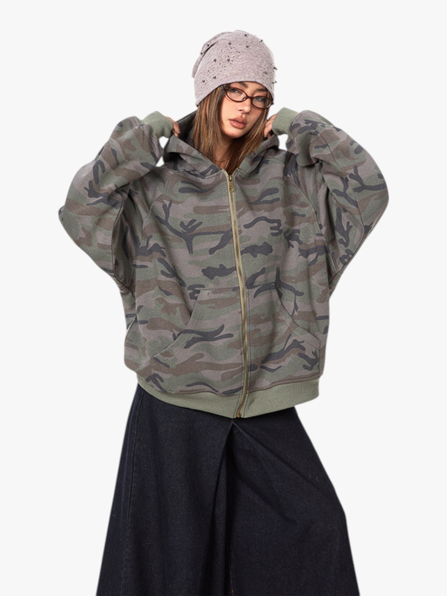 Retro Camouflage Loose Zipper Cardigan