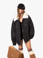 GKIKZ DETACHABLE FUR HEAVY DENIM JACKET