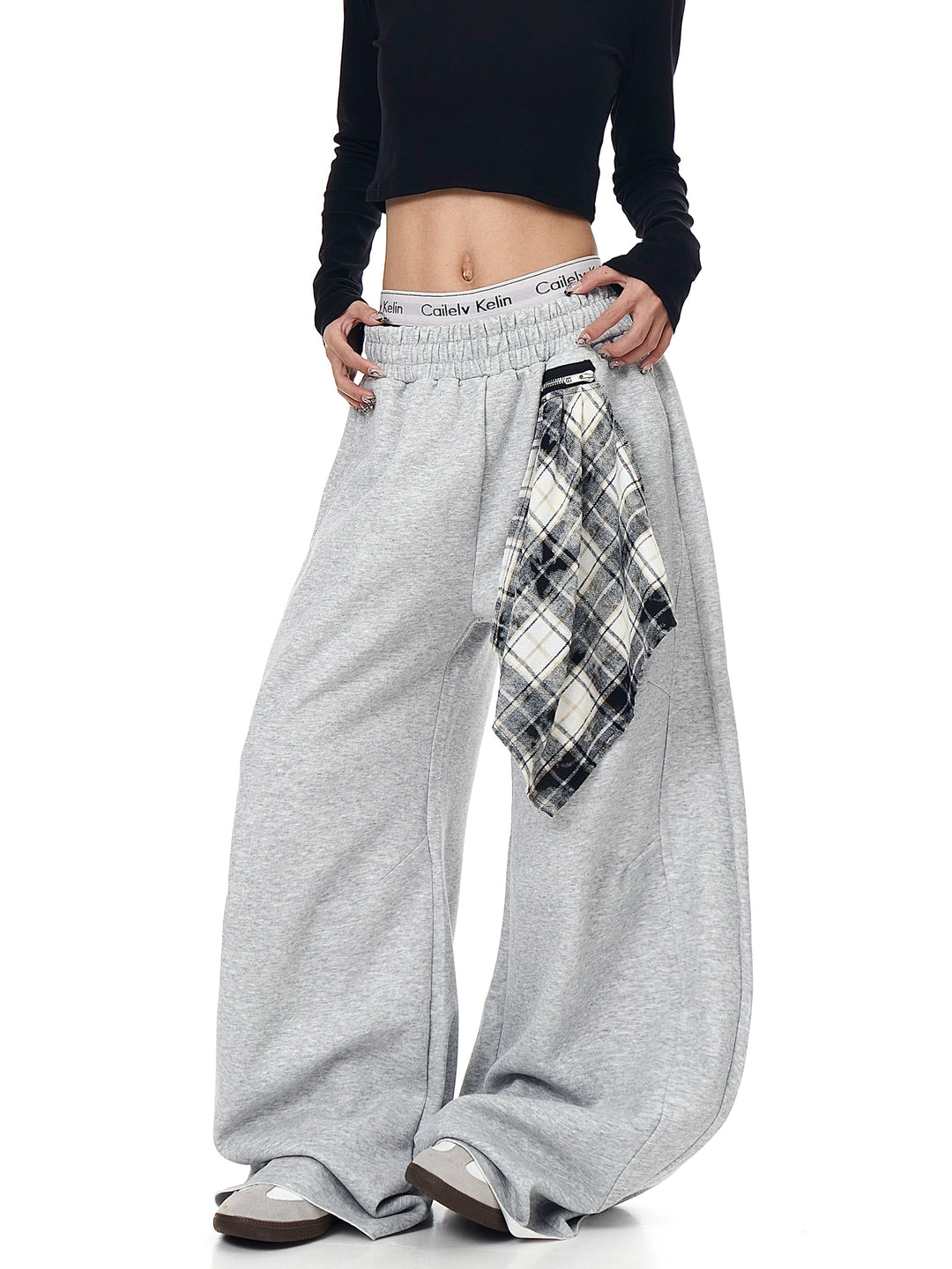 GKIKZ DETACHABLE PLAID SCARF LOOSE WIDE-LEG PANT