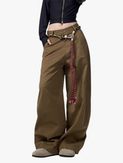 GKIKZ RETRO MATCHET ROPE BELT WIDE-LEG LOOSE PANTS