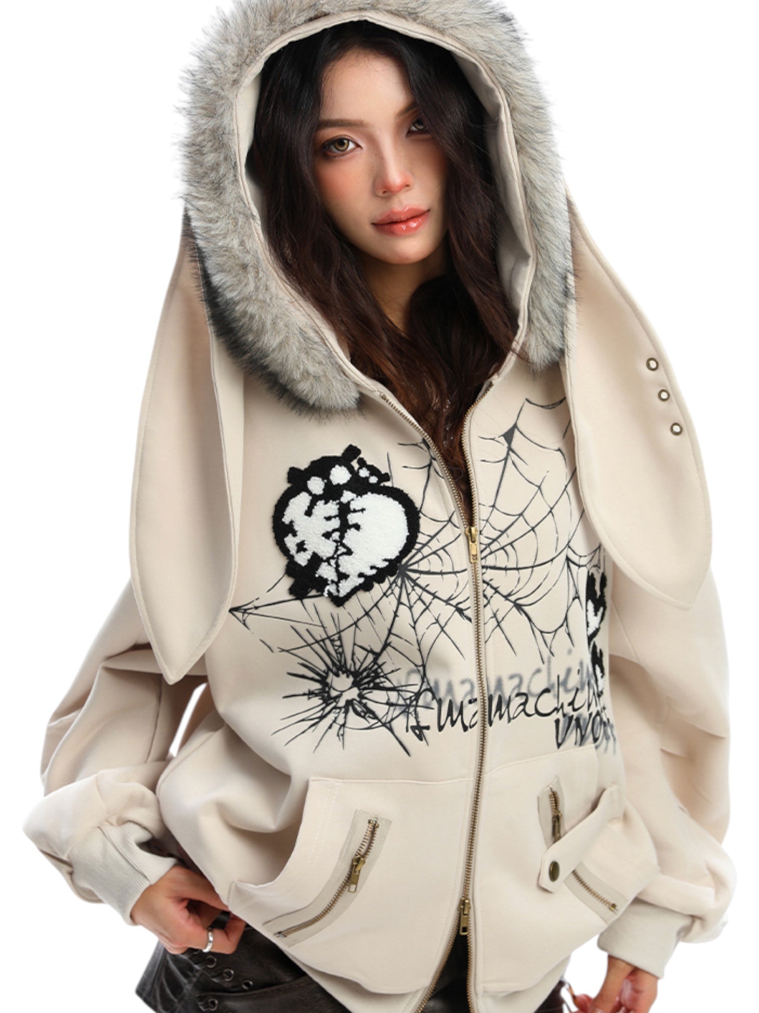 [25AW NEW ARRIVAL] GKIKZ BIG-EARS BUNNY FUR ZIP-UP HOODIE