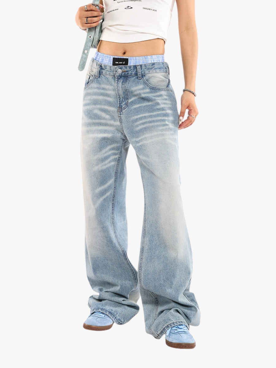 GKIKZ FAKE RIPPLE WASHED BAGGY JEANS