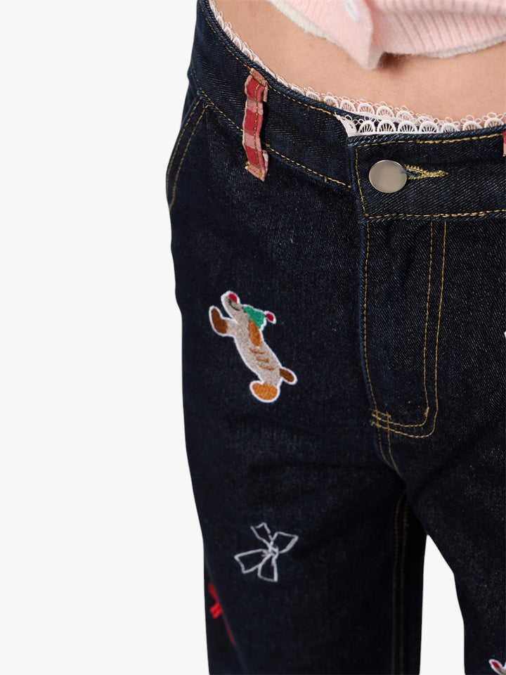 GKIKZ PLAYFUL DACHSHUND BOW WIDE-LEG HIGH WAIST JEANS