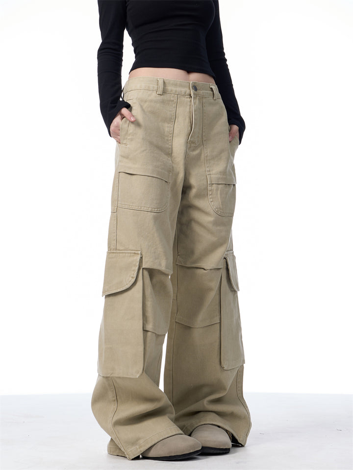 GKIKZ SYMMETRIC PLEATED WORKWEAR MULTI-POCKET BAGGY PANTS