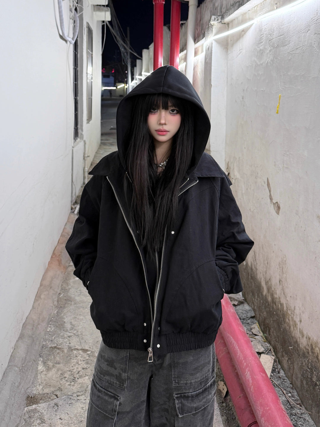 GKIKZ MOUNTAIN CARVING FAKE HOOD JACKET