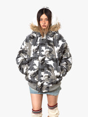 GKIKZ LUXURIOUS WHITE CAMOUFLAGE PRINT FAUX FUR HOODED JACKET