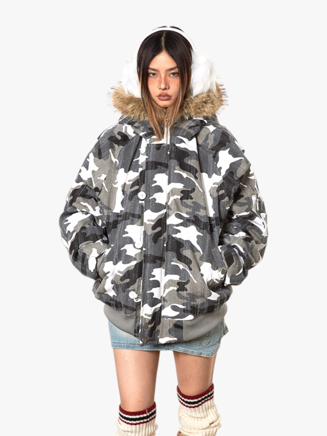 GKIKZ LUXURIOUS WHITE CAMOUFLAGE PRINT FAUX FUR HOODED JACKET