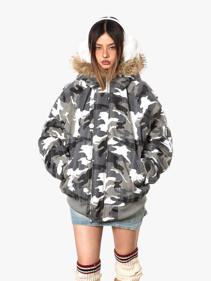 GKIKZ LUXURIOUS WHITE CAMOUFLAGE PRINT FAUX FUR HOODED JACKET
