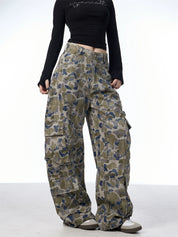 GKIKZ CAMOUFLAGE LARGE POCKET CARGO WIDE-LEG PANTS