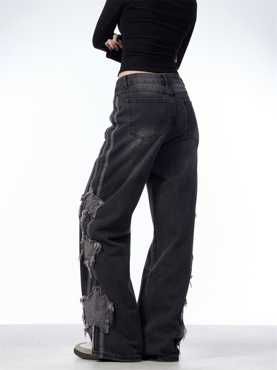 GKIKZ TRI-STAR DISTRESSED WIDE-LEG MOPPING JEANS