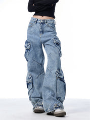 GKIKZ MULTI-POCKET HEAVY DENIM WIDE-LEG PANTS