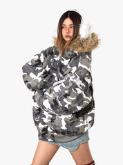 GKIKZ LUXURIOUS WHITE CAMOUFLAGE PRINT FAUX FUR HOODED JACKET