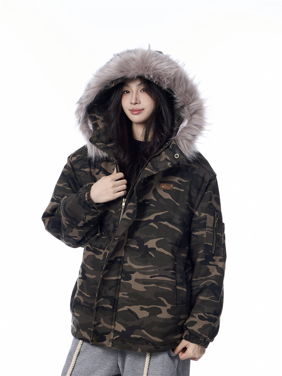 GKIKZ MOUNTAIN CARVING FUR COLLAR JACKET