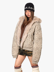 GKIKZ LUXURIOUS LEOPARD PRINT FAUX FUR HOODED JACKET