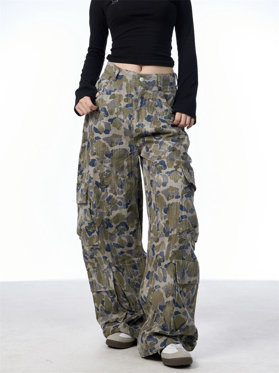 GKIKZ CAMOUFLAGE LARGE POCKET CARGO WIDE-LEG PANTS