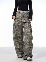 GKIKZ CAMOUFLAGE LARGE POCKET CARGO WIDE-LEG PANTS