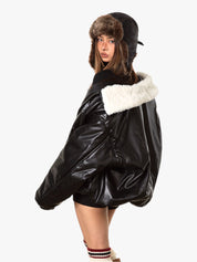 GKIKZ RETRO BASEBALL FUR COLLAR LEATHER JACKET