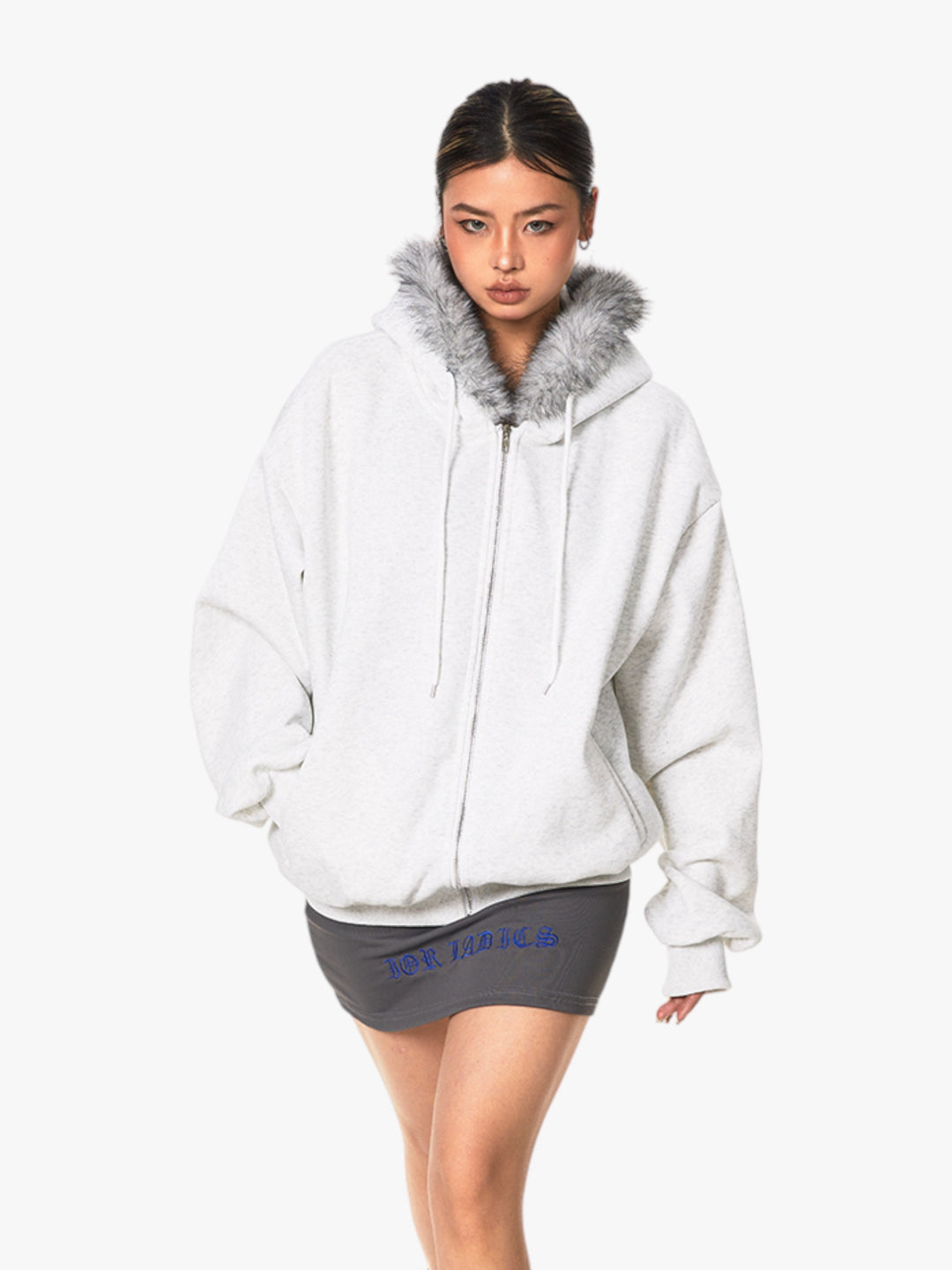 GKIKZ RETRO FUR COLLAR HOODED CARDIGAN