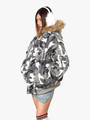 GKIKZ LUXURIOUS WHITE CAMOUFLAGE PRINT FAUX FUR HOODED JACKET