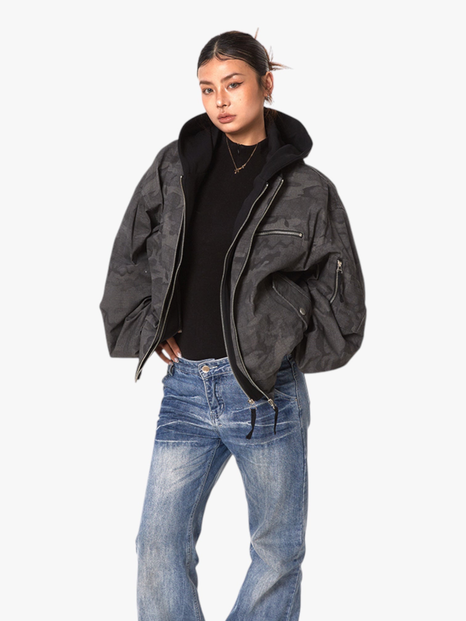 GKIKZ FAKE INNER-HOODIE CAMOUFLAGE LOOSE JACKET