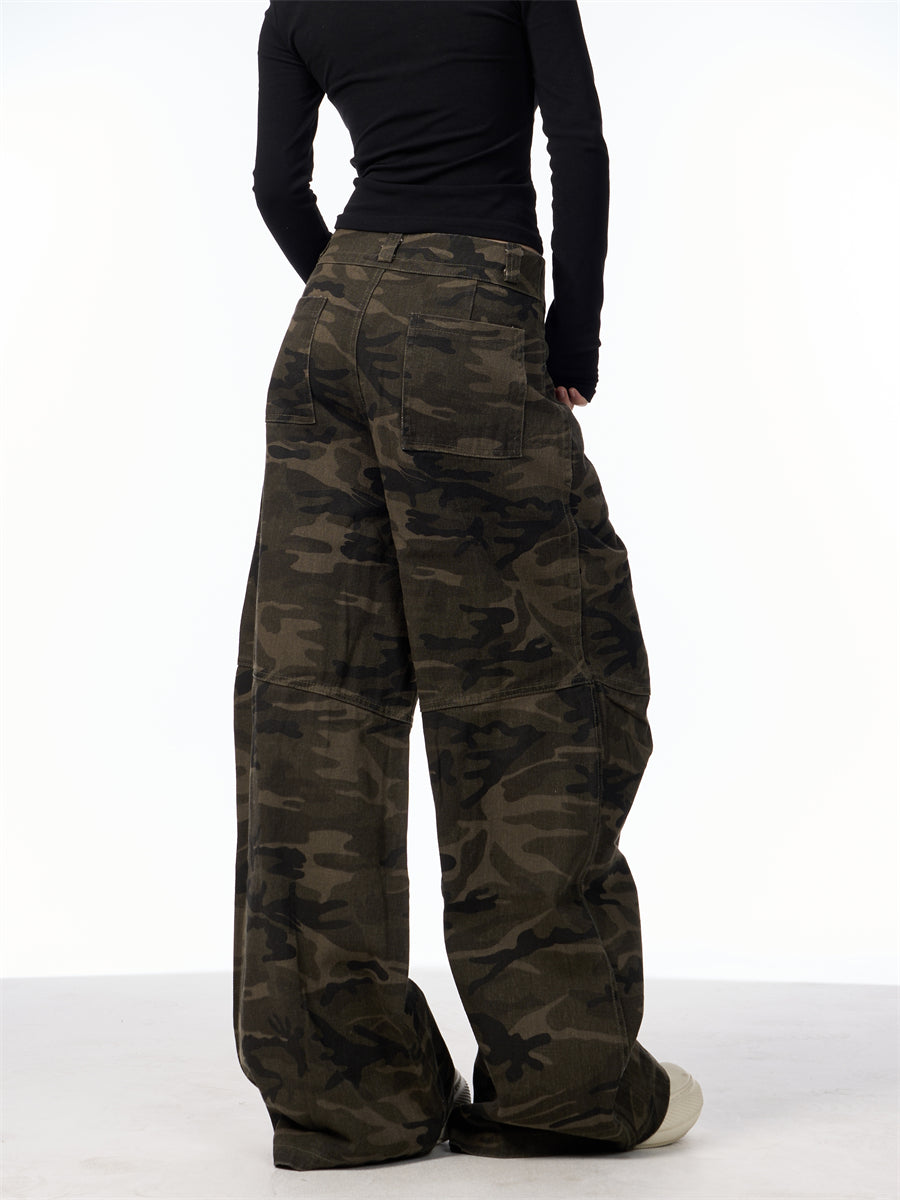 GKIKZ SLICE-POCKET CAMOUFLAGE WIDE-LEG HIGH WAIST PANTS