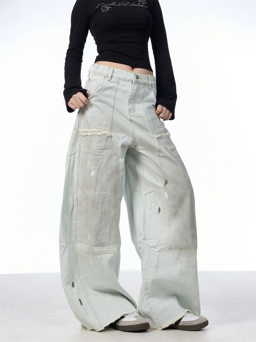 Retro Washed Distressed Machete Loose Jeans