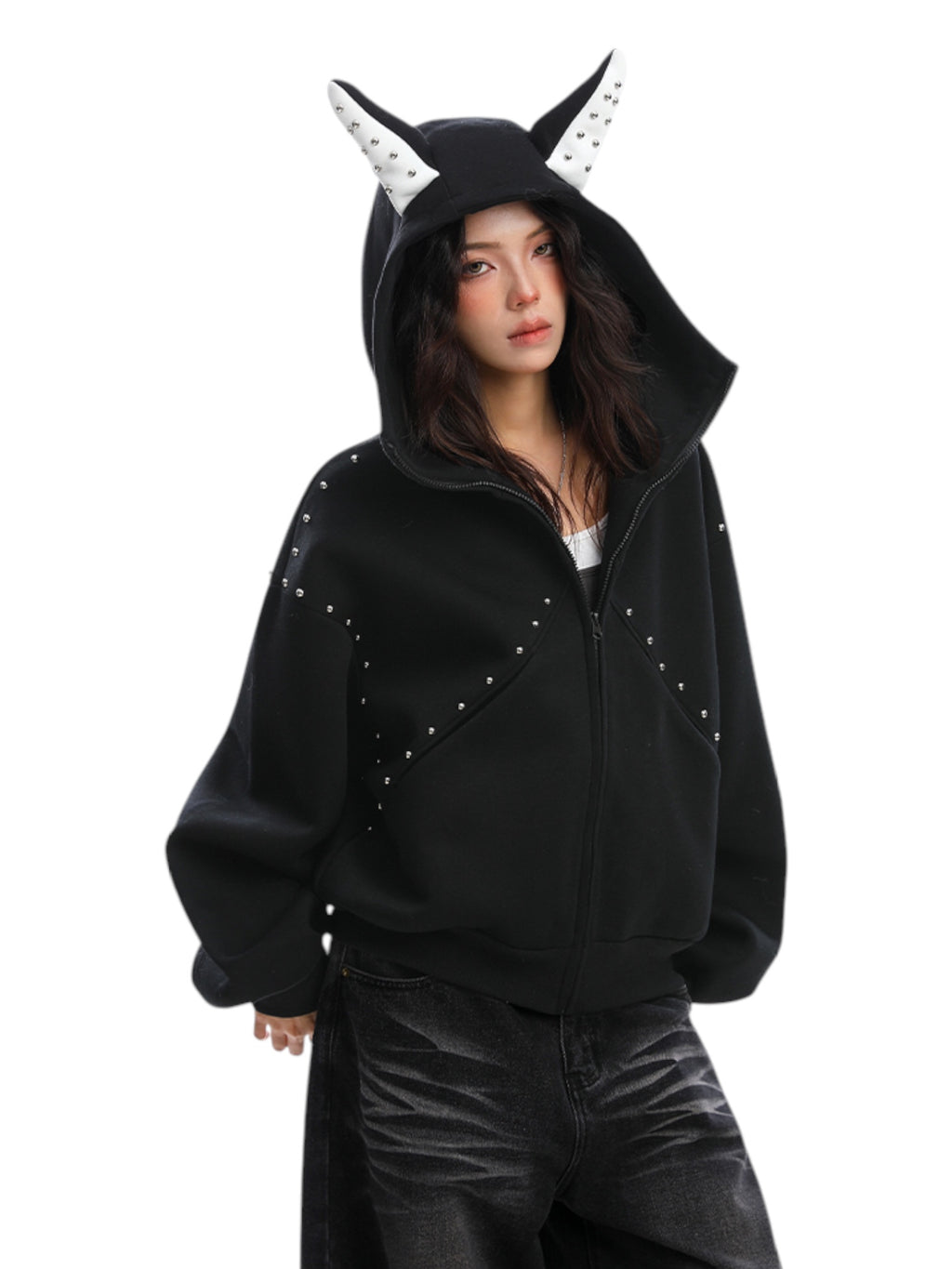 Studded Devil Horn Hoodie - Premium Cotton Zip-Up