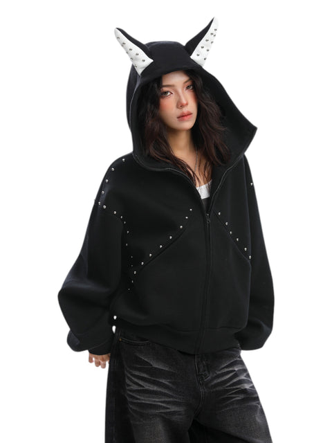 [25AW NEW ARRIVAL] GKIKZ STUDDED DEVIL HORN HOODIE - PREMIUM COTTON ZIP-UP