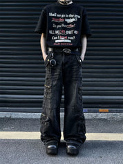 GKIKZ HEAVY DUTY MULTI-POCKET DISTRESSED BAGGY JEANS