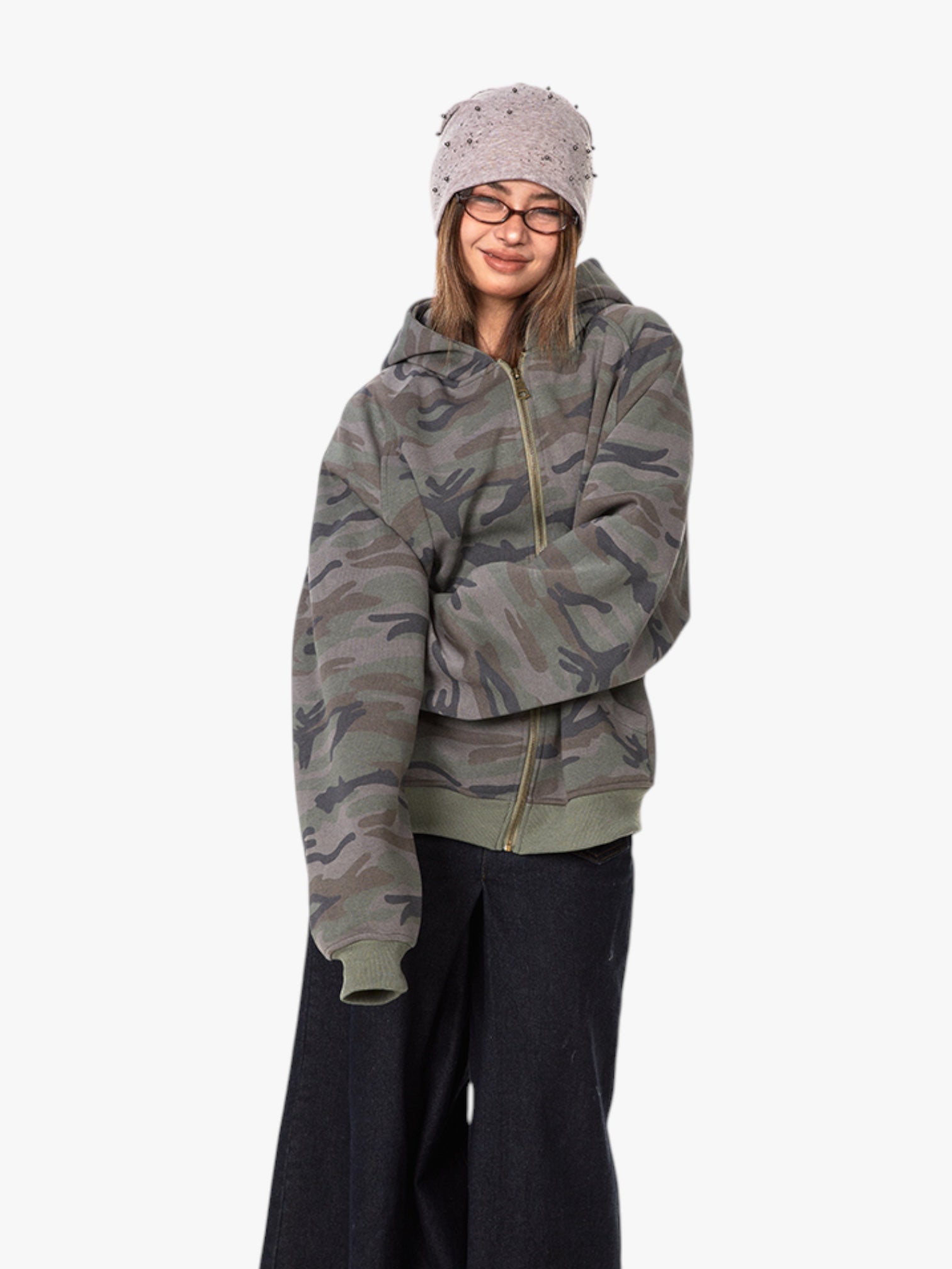 Retro Camouflage Loose Zipper Cardigan