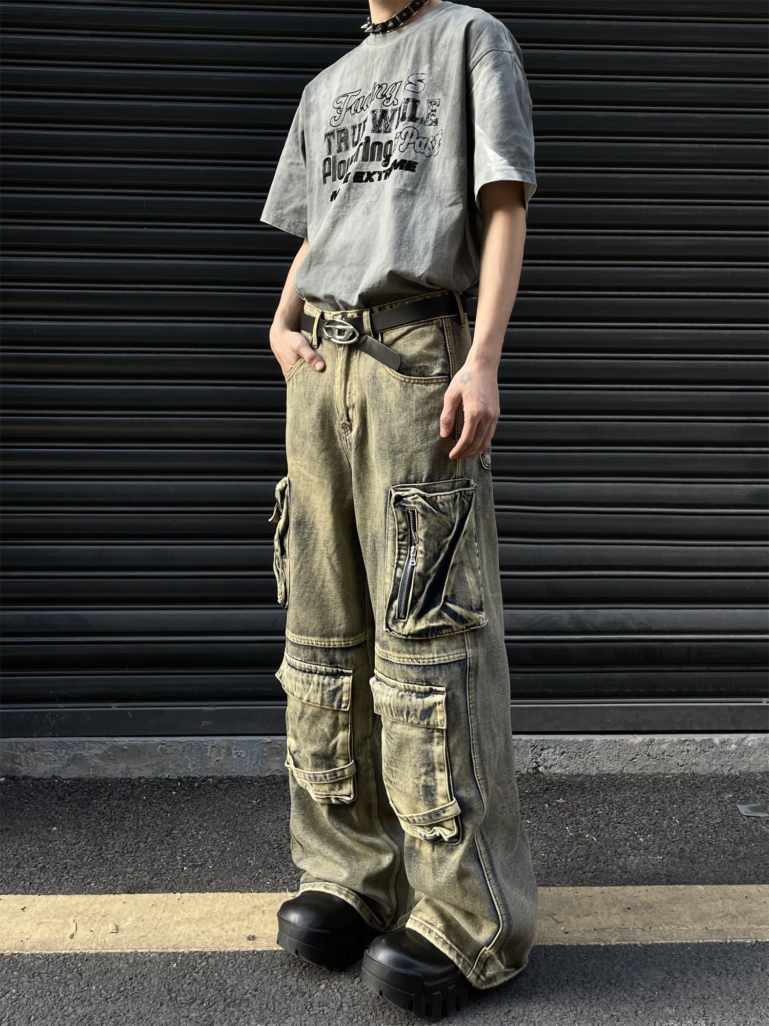 Saturated Dull Pockets Denim Baggy Jeans
